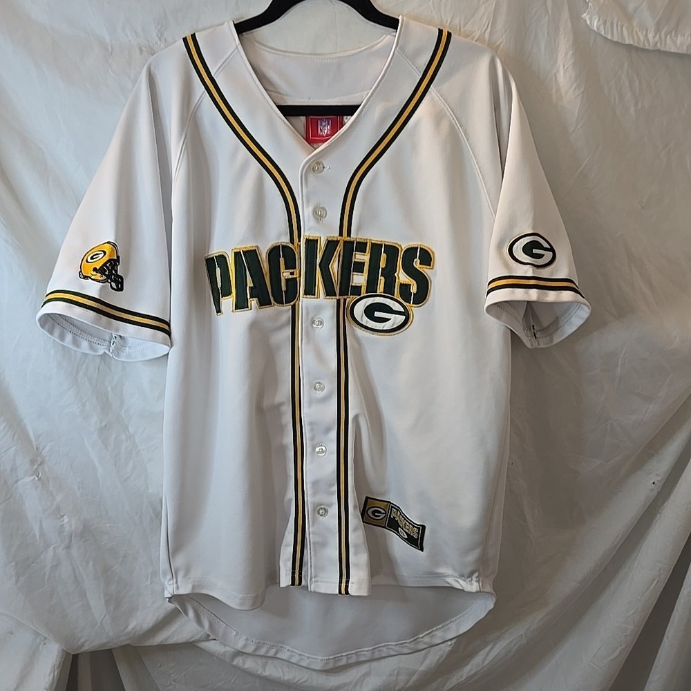 Vintage NFL Green Bay‎ Packers Button-Up Short Sleeve Jersey White Embroidered